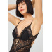 Black Snap Back Low Cut Transparent Covered Lace Bodysuit