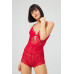 Red Snap Back Low Cut Transparent Covered Lace Bodysuit