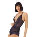 Navy Blue Snap Lace Transparent Back Cross String Bodysuit
