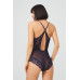 Navy Blue Snap Lace Transparent Back Cross String Bodysuit