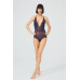 Navy Blue Snap Lace Transparent Back Cross String Bodysuit