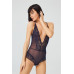 Navy Blue Snap Lace Transparent Back Cross String Bodysuit