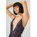 Navy Blue Snap Lace Transparent Back Cross String Bodysuit