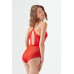 Red Snap Lace Transparent Back Cross String Bodysuit