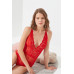 Red Snap Lace Transparent Back Cross String Bodysuit