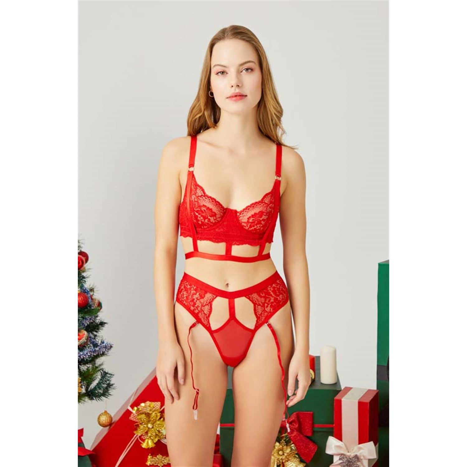 Red Lace Adjustable Transparent Women's Bra Set